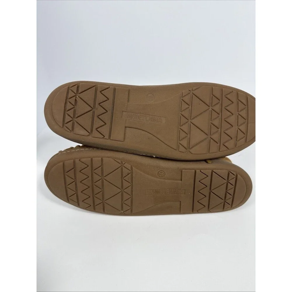 MINNETONKA TAN SUEDE LEATHER MEN'S MOCCASIN SLIPPERS FAUX FUR LINED SZ 10M